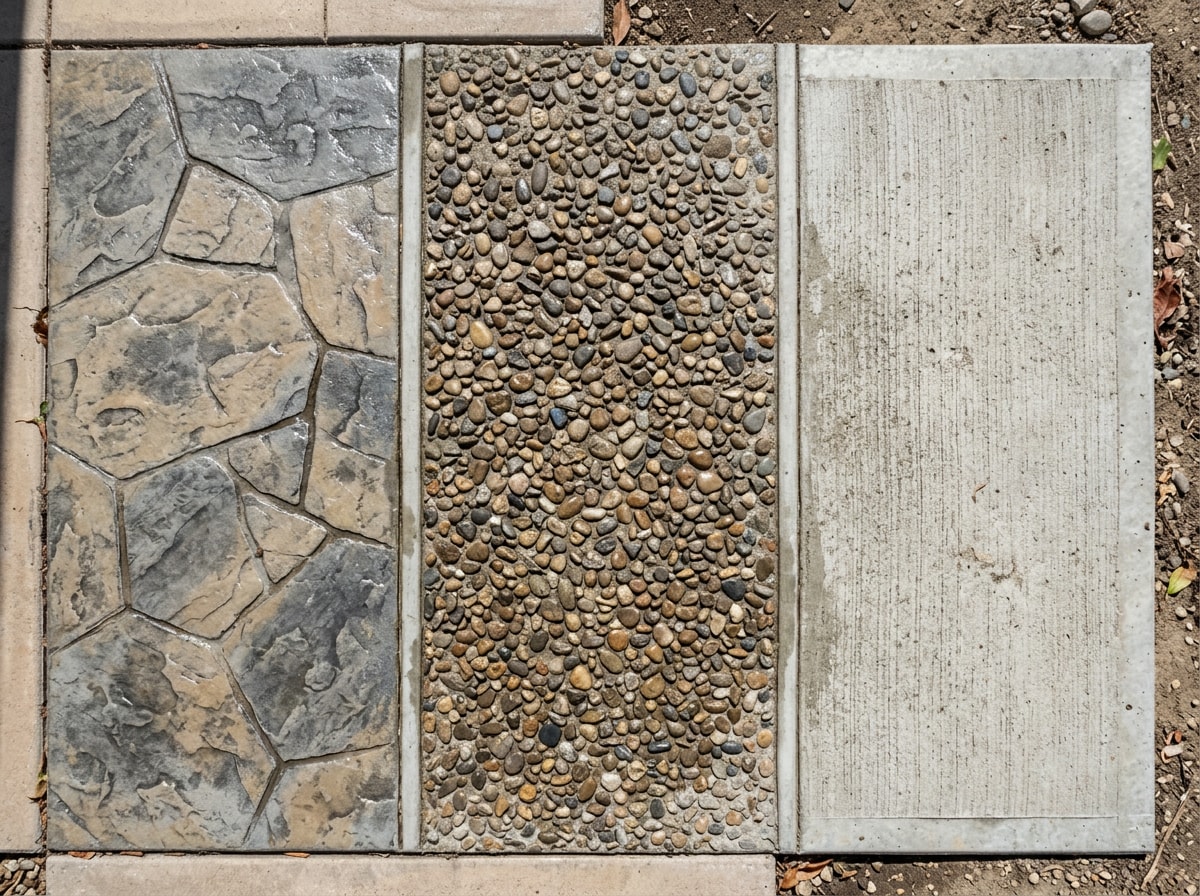 Side-by-side comparison of stamped, exposed aggregate, and broom-finish concrete patio surfaces
