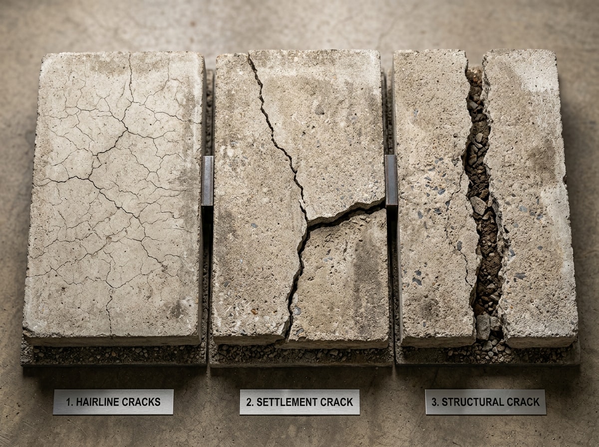 Diagram comparing hairline, settlement, and structural cracks on a concrete patio slab