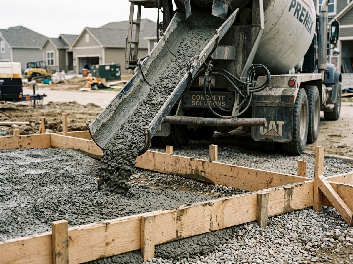 Ready mix concrete truck pouring a driveway slab in Allison Park, PA